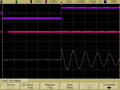Decaying oscillations in underdamped LRC circuit, V_R, V_L, expanded